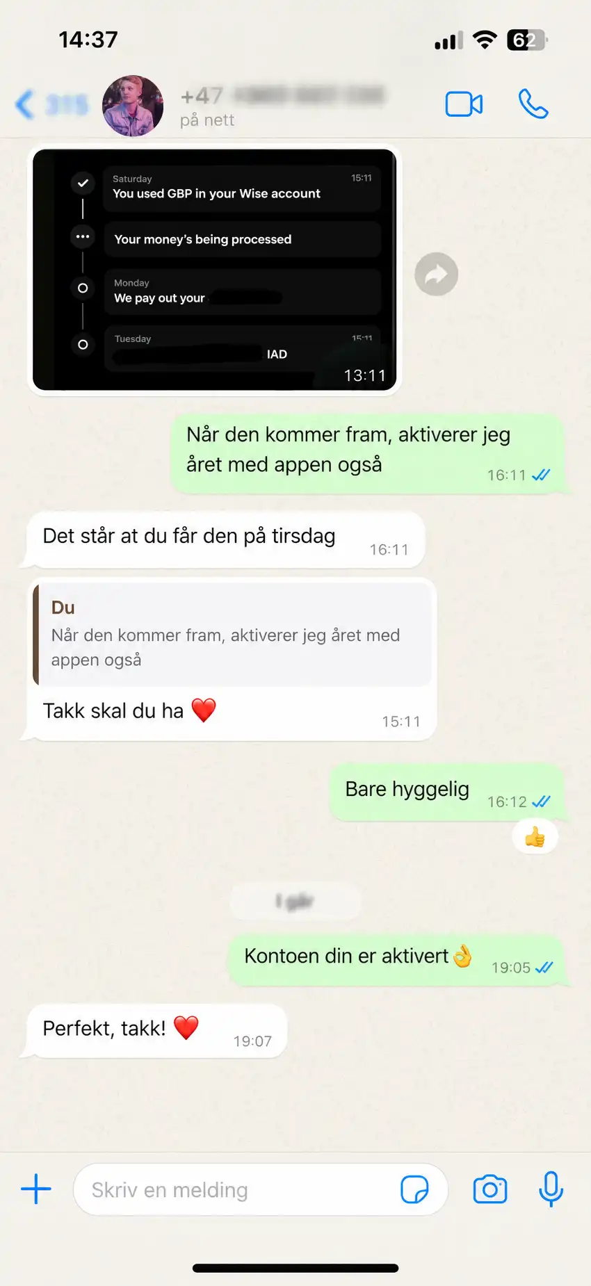 WhatsApp-melding fra kunde 2 om IPTV Norge