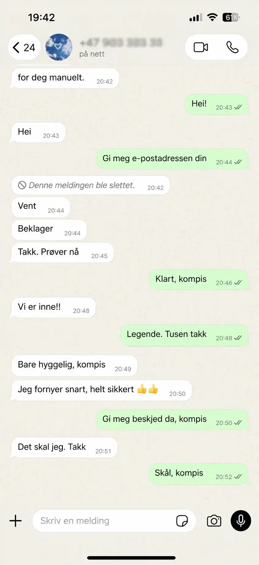 WhatsApp-melding fra kunde 3 om IPTV Norge