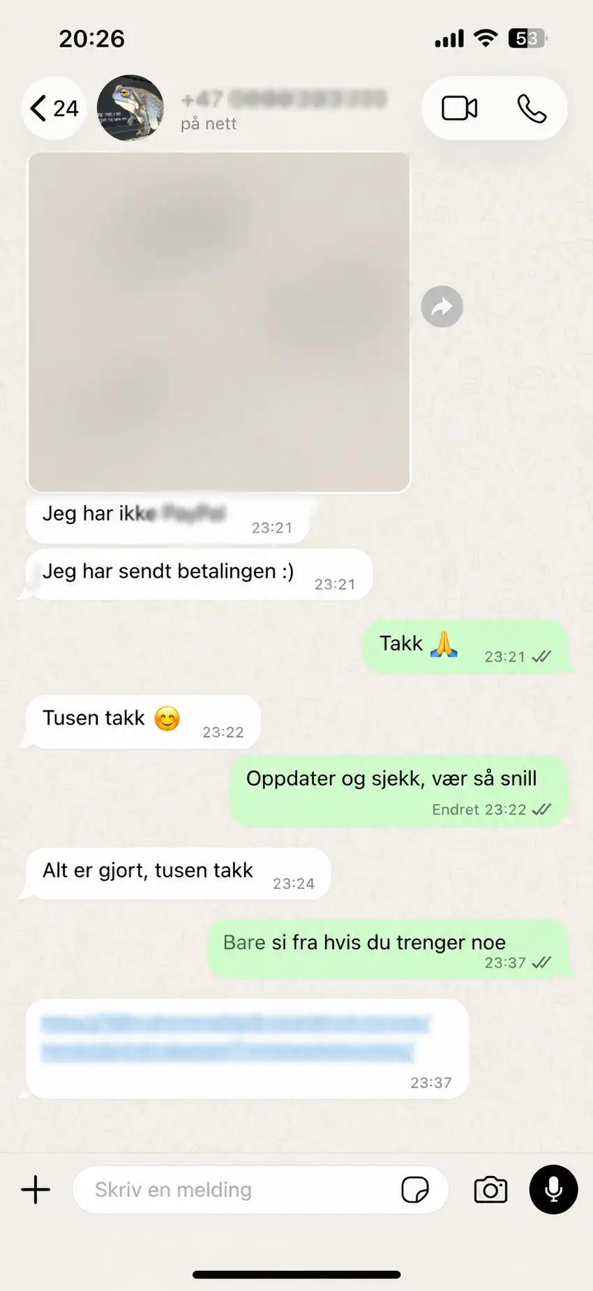 WhatsApp-melding fra kunde 5 om IPTV Norge