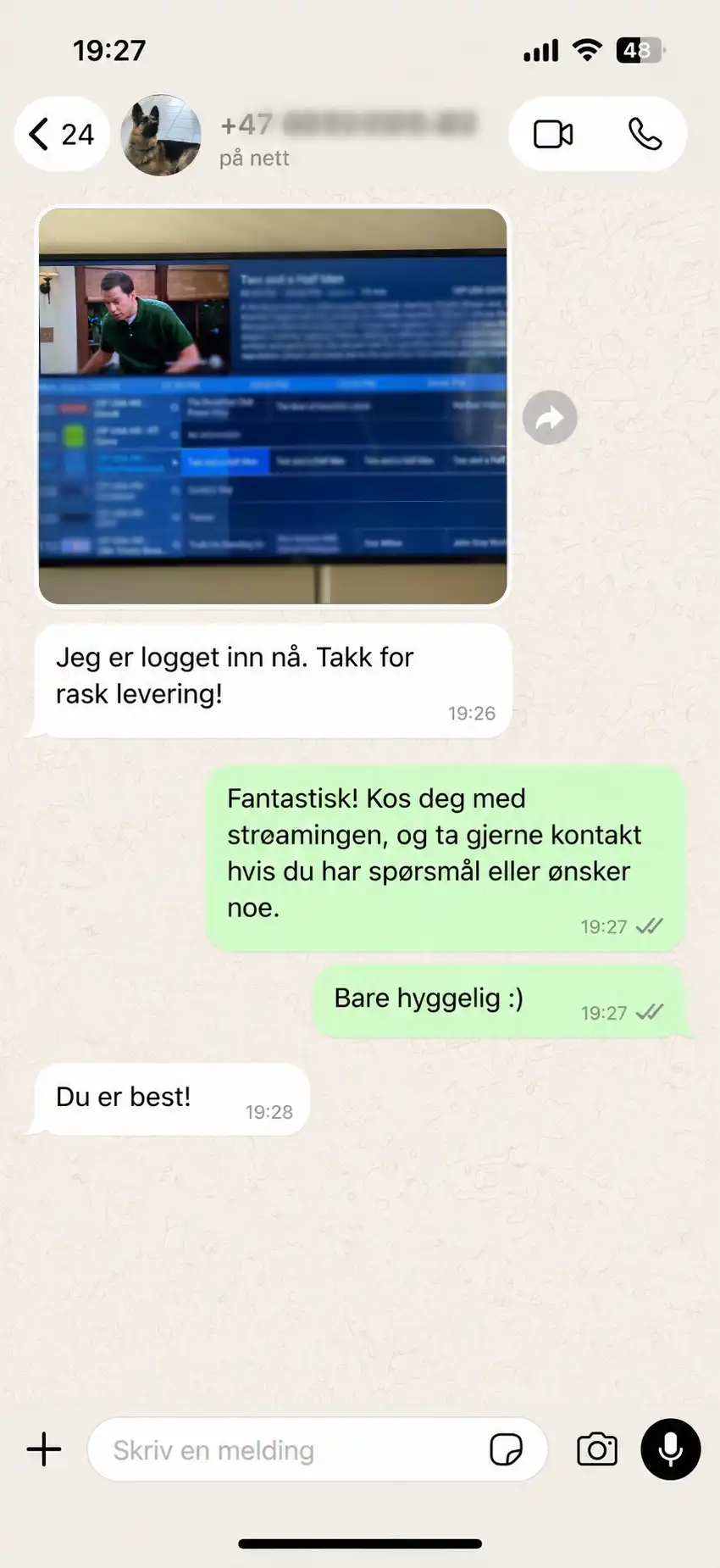 WhatsApp-melding fra kunde 8 om IPTV Norge